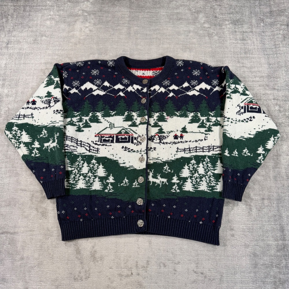 Vintage Handknit Sweater Women Medium Blue Reindeer Winter Cabin Holiday Knit